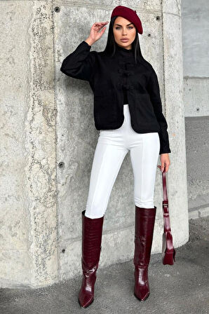 Kadın Oversize Denim Kot Ceket –  Bağlama Detaylı, Oval Kesim KT00102451