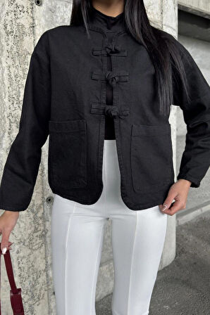 Kadın Oversize Denim Kot Ceket –  Bağlama Detaylı, Oval Kesim KT00102451