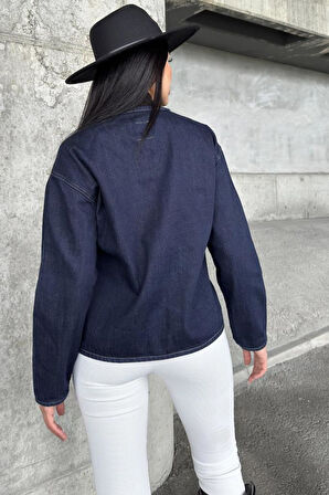 Kadın Oversize Denim Kot Ceket –  Bağlama Detaylı, Oval Kesim KT00102451