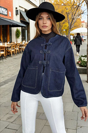 Kadın Oversize Denim Kot Ceket –  Bağlama Detaylı, Oval Kesim KT00102451