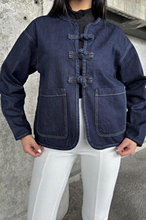 Kadın Oversize Denim Kot Ceket –  Bağlama Detaylı, Oval Kesim KT00102451
