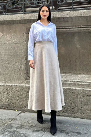 Kadın Kışlık Kırçıllı Kaşe Etek, Cepli, Yüksek Bel, Uzun, Kiloş 3528275