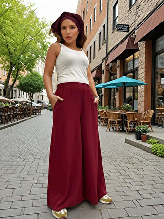 Kadın Beli Lastikli Cepli Bol Paça Salaş Oversize Yumuşak Dokulu Rahat Pantolon  3391260