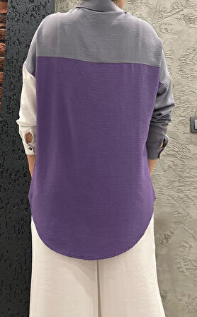 Kadın Renk Detaylı Arkası Uzun Uzun Kollu Dökümlü Tunik Gömlek 3071230