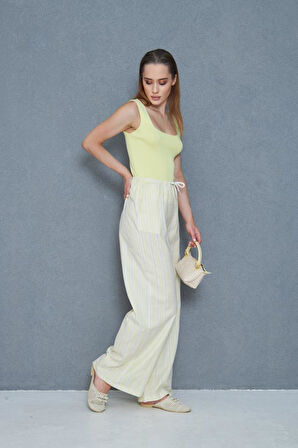 Kadın Bol Paça Poplin Pantolon – Cepli, Beli Bağcıklı, Fisto Detaylı, Rahat Kesim 3757176