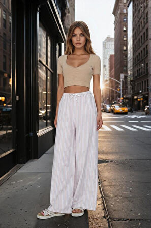 Kadın Bol Paça Poplin Pantolon – Cepli, Beli Bağcıklı, Fisto Detaylı, Rahat Kesim 3757176