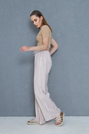 Kadın Bol Paça Poplin Pantolon – Cepli, Beli Bağcıklı, Fisto Detaylı, Rahat Kesim 3757176