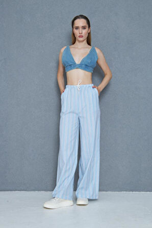 Kadın Bol Paça Poplin Pantolon – Cepli, Beli Bağcıklı, Fisto Detaylı, Rahat Kesim 3757176