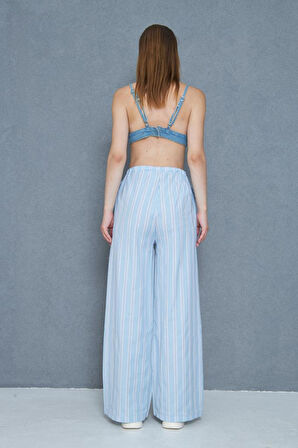 Kadın Bol Paça Poplin Pantolon – Cepli, Beli Bağcıklı, Fisto Detaylı, Rahat Kesim 3757176