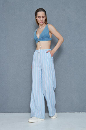 Kadın Bol Paça Poplin Pantolon – Cepli, Beli Bağcıklı, Fisto Detaylı, Rahat Kesim 3757176