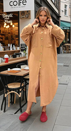 Kadın Yarasa Kol Tesettüre Uygun Gömlek Elbise Keten Karışımlı Tunik 3282420