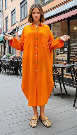 Kadın Yarasa Kol Tesettüre Uygun Gömlek Elbise Keten Karışımlı Tunik 3282420