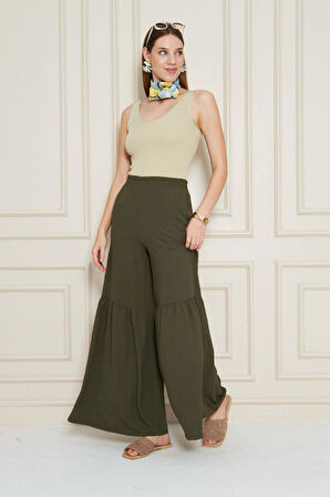 Paçası Büzgü Detaylı Aerobin Kumaş Kadın Pantolon - Beli Lastikli, Rahat Kesim 3763330