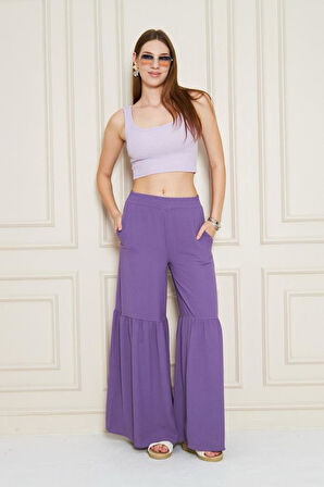 Paçası Büzgü Detaylı Aerobin Kumaş Kadın Pantolon - Beli Lastikli, Rahat Kesim 3763330