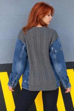 Kadın Mavi Salaş Kesim, Önü Açık, Trikolu, Oversize, Jeans Kot Ceket, Hırka