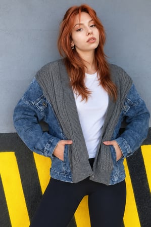 Kadın Mavi Salaş Kesim, Önü Açık, Trikolu, Oversize, Jeans Kot Ceket, Hırka