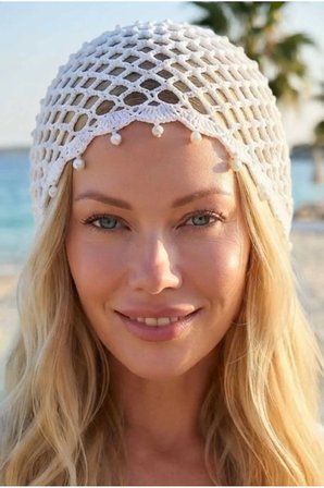 Tezzgelsin Kadın İnci Sallantılı Crochet Bere Bohem Plaj Aksesuarı Yazlık Bandana Şapka
