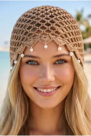 Tezzgelsin Kadın İnci Sallantılı Crochet Bere Bohem Plaj Aksesuarı Yazlık Bandana Şapka