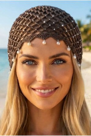 Tezzgelsin Kadın İnci Sallantılı Crochet Bere Bohem Plaj Aksesuarı Yazlık Bandana Şapka