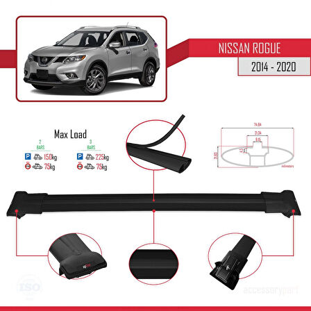 Nissan Rogue 2 (T32) 2014-2020 Arası ile Uyumlu FLY Model Ara Atkı Tavan Barı Siyah 2 Adet