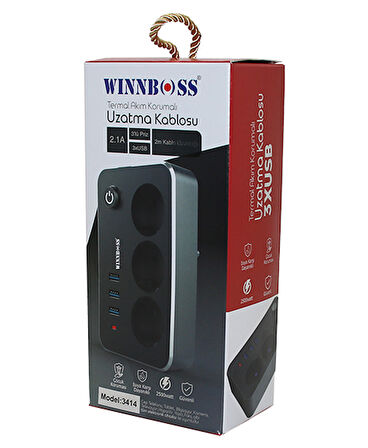 TERMAL AKIM KORUMALI 2.1A 3LÜ PRİZ 3XUSB 2MT ANAHTARLI UZATMA KABLO SİYAH  GO50604037150
