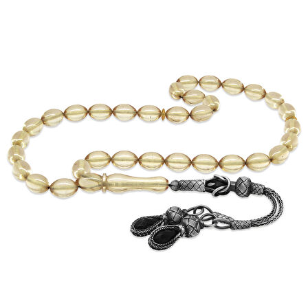 1000 Ayar Gümüş Kazaz Püsküllü Arpa Kesim Şeffaf Beyaz Ateş Kehribar Tesbih