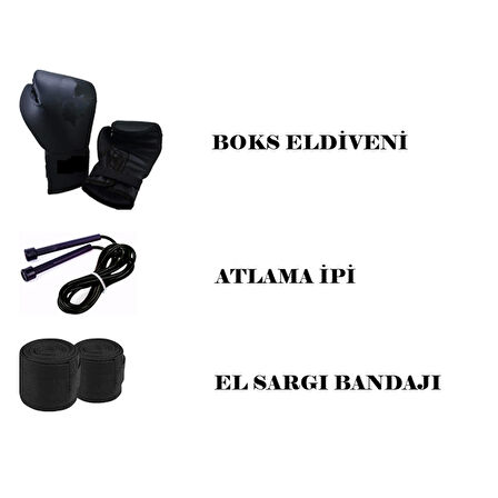 Desfabe Boxing Star 120x32 Cm Zincirli Boks Kum Torbası Siyah+Boks Eldiveni+El Bandajı+Atlama İpi