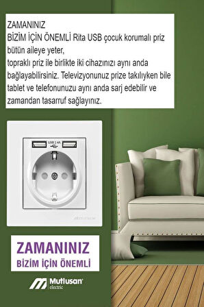 Mutlusan Rita Beyaz 2,4 A 2 USB li Topraklı Priz