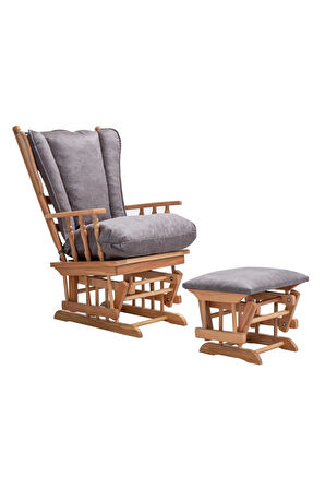 Reyo Home Barok Gri Sallanan Sandalye + Puf Baba Koltuğu Emzirme Sandalyesi Ceviz Ayak