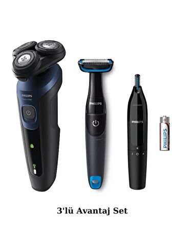 Philips S5445 Islak/kuru Sinek Kaydı Tıraş - Banyo Vücut Bakım - Kulak-Burun Tüy Kesme Makinesi 3'lü Set