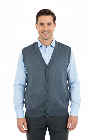 Oppland Erkek V Yakalı Düğmeli Çift Cepli Klasik Model Rahat Kesim ince Yünlü Dokuma Yelek