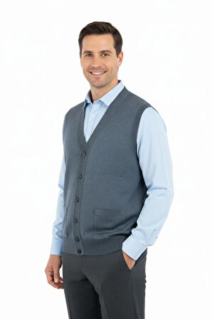 Oppland Erkek V Yakalı Düğmeli Çift Cepli Klasik Model Rahat Kesim ince Yünlü Dokuma Yelek