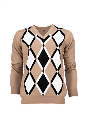 Oppland Erkek Kışlık Doğal Yünlü Örme V Yaka Kazak Baklava Desenli Rahat Tam Kalıp Klasik Model