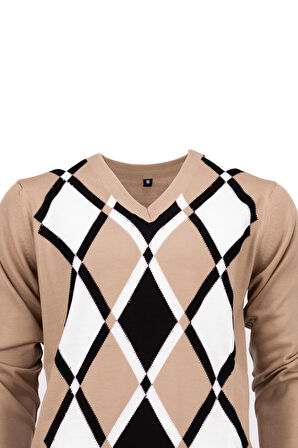 Oppland Erkek Kışlık Doğal Yünlü Örme V Yaka Kazak Baklava Desenli Rahat Tam Kalıp Klasik Model