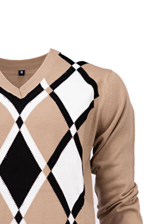 Oppland Erkek Kışlık Doğal Yünlü Örme V Yaka Kazak Baklava Desenli Rahat Tam Kalıp Klasik Model