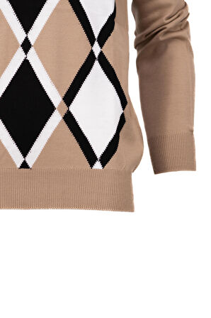 Oppland Erkek Kışlık Doğal Yünlü Örme V Yaka Kazak Baklava Desenli Rahat Tam Kalıp Klasik Model