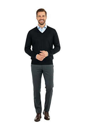 Oppland Erkek Uzun Kollu V Yakalı Düz Renk Klasik Model Rahat Kesim ince Yünlü Dokuma Kazak