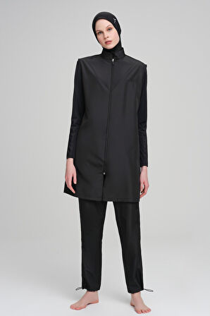 Haşema Siyah Dokuma 5 Parça Tam Tesettür Mayo Takımı 6027