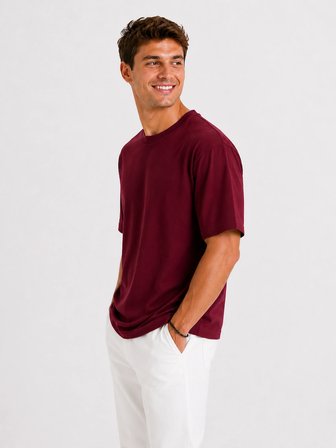 Erkek Oversize Kalın Dokulu %100 Organik Pamuk Bisiklet Ribana Yakalı Bordo T-Shirt