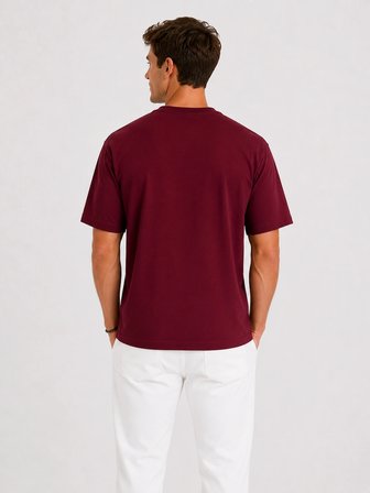 Erkek Oversize Kalın Dokulu %100 Organik Pamuk Bisiklet Ribana Yakalı Bordo T-Shirt