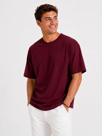 Erkek Oversize Kalın Dokulu %100 Organik Pamuk Bisiklet Ribana Yakalı Bordo T-Shirt