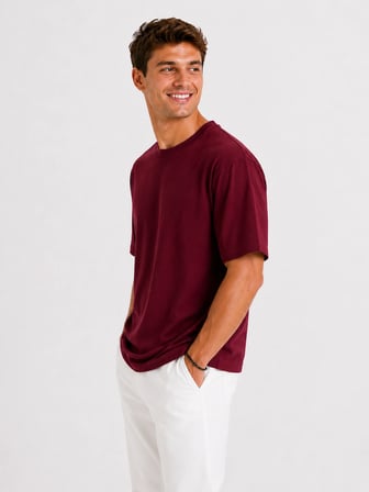 Erkek Oversize Kalın Dokulu %100 Organik Pamuk Bisiklet Ribana Yakalı Bordo T-Shirt