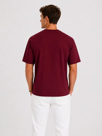 Erkek Oversize Kalın Dokulu %100 Organik Pamuk Bisiklet Ribana Yakalı Bordo T-Shirt