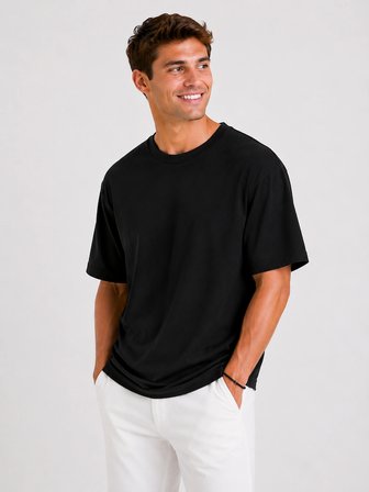 Erkek Oversize Kalın Dokulu %100 Organik Pamuk Bisiklet Ribana Yakalı Siyah T-Shirt