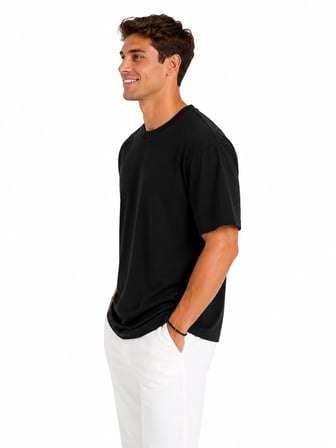 Erkek Oversize Kalın Dokulu %100 Organik Pamuk Bisiklet Ribana Yakalı Siyah T-Shirt