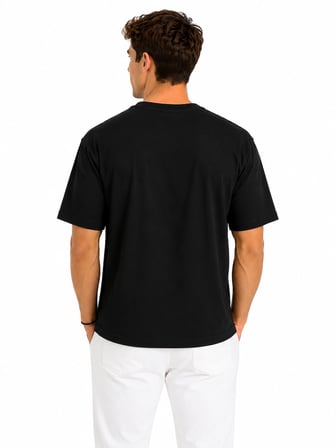 Erkek Oversize Kalın Dokulu %100 Organik Pamuk Bisiklet Ribana Yakalı Siyah T-Shirt