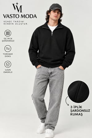 Vasto Moda Erkek Oversize Kalın Dokulu 3 İplik Şardonsuz Kaşkorse Bisiklet Yakalı Basic Yarım Fermuarlı Sweatshirt