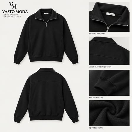 Vasto Moda Erkek Oversize Kalın Dokulu 3 İplik Şardonsuz Kaşkorse Bisiklet Yakalı Basic Yarım Fermuarlı Sweatshirt