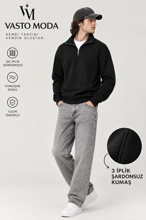 Vasto Moda Erkek Oversize Kalın Dokulu 3 İplik Şardonsuz Kaşkorse Bisiklet Yakalı Basic Yarım Fermuarlı Sweatshirt