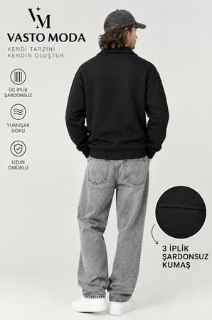 Vasto Moda Erkek Oversize Kalın Dokulu 3 İplik Şardonsuz Kaşkorse Bisiklet Yakalı Basic Yarım Fermuarlı Sweatshirt